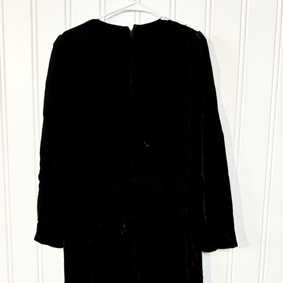 70s Vintage LANG Dress Women Size 14 Black Velvet Maxi Lace Collar Long Sleeve - Picture 6 of 8